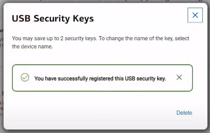 Screenshot of successful addition of FIDO2 key