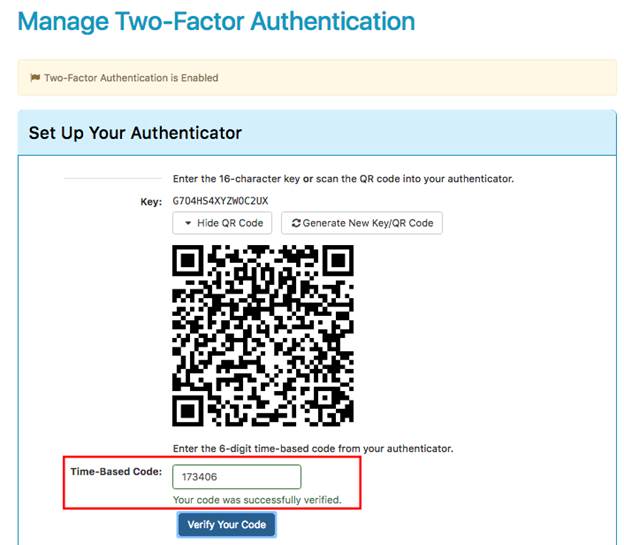two factor authentication screen showing code was verified